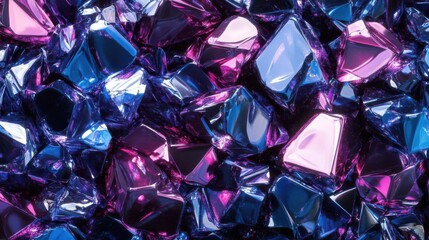 Explore Crystalline Structures, Facets Reflecting Neon Light, Play of Colors.