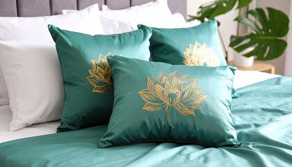 Teal pillows with lotus design on bed