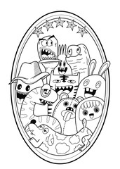 Hand-drawn illustrations, monsters doodle, Hand Drawn cartoon monster illustration,Cartoon crowd doodle hand-drawn Doodle style.black and white stripes coloring  book.