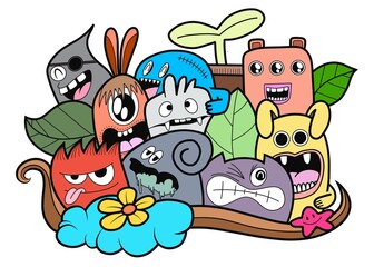 Hand-drawn illustrations, monsters doodle, Hand Drawn cartoon monster illustration,Cartoon crowd doodle hand-drawn Doodle style.
