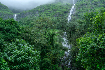 A waterfall during the monsoons near Pune India. Monsoon is the annual rainy season in India from June to September.