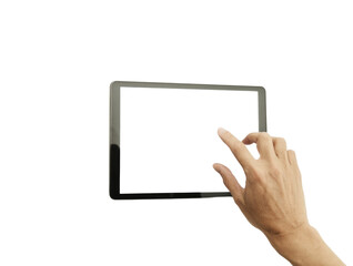 A hand pointing at a tablet screen with a white background