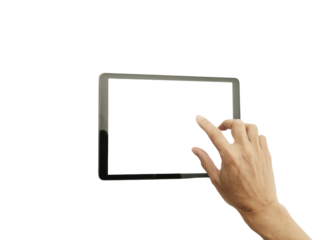 A hand pointing at a tablet screen with a white background