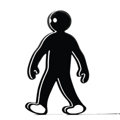 A stylized black figure with white outlines walks forward with a shadow on a white background silhouette