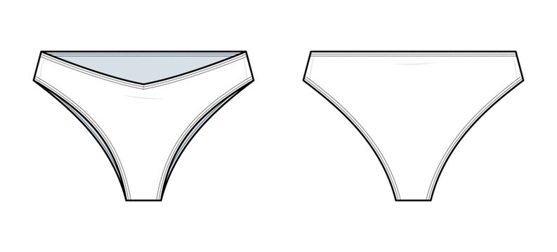 Bikini Bottom Technical Fashion Flat. Women&rsquo;s Swimwear Vector Template. Front and Back View. Low-Rise Brief Style. Seamless Look. CAD Mockup.
