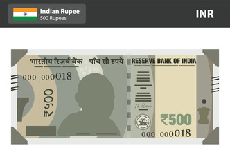 Indian 500 Rupee Currency Note Vector Illustration, Flat Design of INR ₹500 Bill, Indian Money Cash Graphic for Finance, Banking, Economy, and Payment Themes