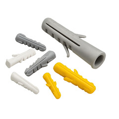 Isolate Transparent Set of colorful plastic wall anchors for construction and repairs, featuring various sizes and designs. PNG Die-Cut
