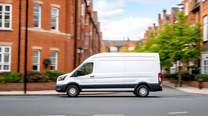 p3685236 447 Fast moving white delivery van navigating urban streets in high-resolution photorealism 43248439 1