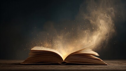 An open book with glowing, magical light coming from its pages.