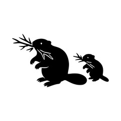 Obraz premium Two black silhouette beavers carrying branches on a white background