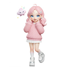 Cute 3D Rendered Girl with Pink Hair and Sweater