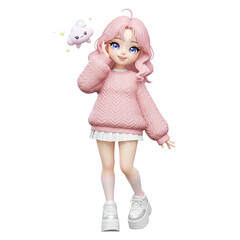 Cute 3D Rendered Girl with Pink Hair and Sweater
