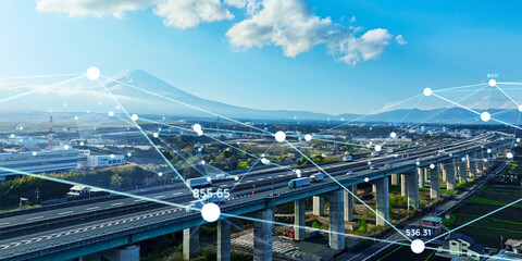 高速道路のドローン空撮風景とデジタルテクノロジーのコンセプト　バナー・広告向け横長ビジュアル