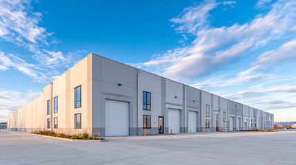 p3685236 487 Modern industrial warehouse with multiple garage doors under a clear blue sky 52192575 1