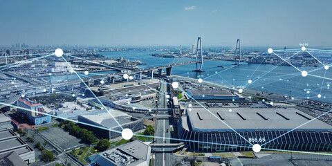 Drone aerial view of modern city and digital technology concept. Wide angle visual for banners or...