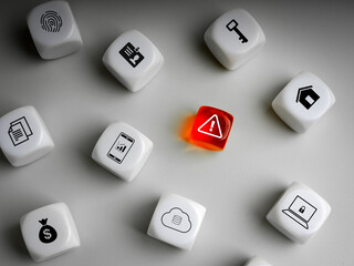 Scam alert concept. cyber security and data protection. Warning caution icon on red dice,...