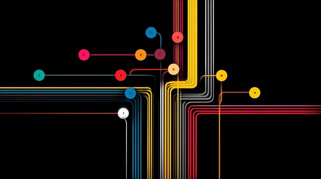 Minimalist and colorful city train transit map featuring seven small circle stations, simple design emphasizing clarity, easy navigation, and modern urban transportation concept.