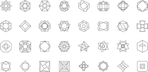Vector art of a collection of geometric shapes and patterns are displayed on a white background