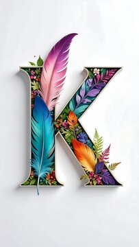 Capital K letter decorated with flowers and feathers