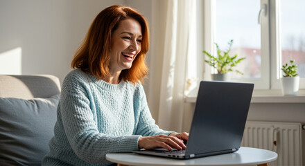 Cheerful mid adult woman having video call on laptop.
