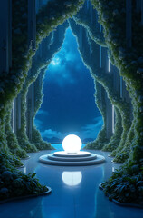 A glowing orb sits on a platform surrounded by water and plant-covered archways, under a blue sky.