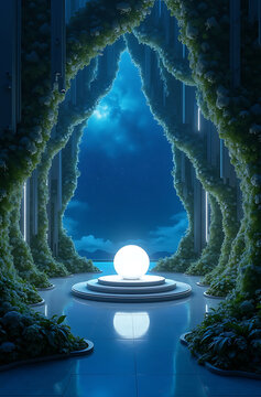 A glowing orb sits on a platform surrounded by water and plant-covered archways, under a blue sky.