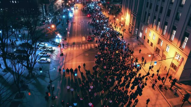 Nighttime aerial view of Women's Day marchers arriving at the courthouse during a vibrant demonstration, Night aerial: Women's Day marchers arrive at courthouse on city street