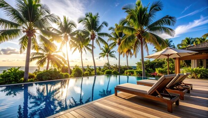 Tropical paradise poolside at sunset