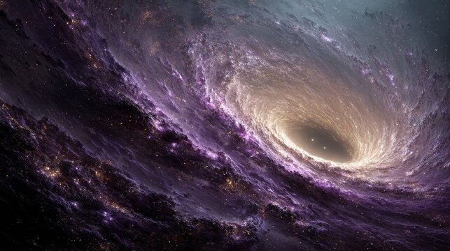 Swirling DNA-shaped galaxy with purple glow and dark matter around a central black hole, set in an ultra-deep JWST-inspired cosmic background, illustrating space, astrophysics, and cosmic mystery.