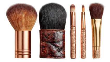 A row of makeup brushes with a gold handle