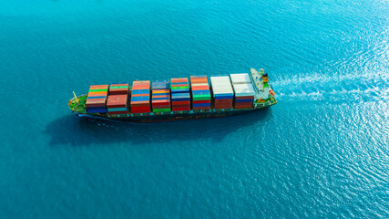 Aerial view of the freight shipping transport system cargo ship container. international...