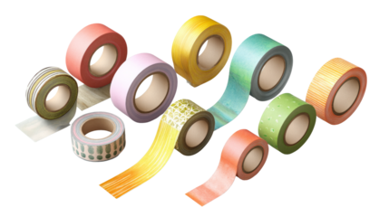 A collection of colorful tape rolls, each with a different pattern