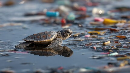 Fototapeta premium Baby sea turtle struggling on polluted beach surrounded by colorful plastic debris and marine waste highlighting environmental issues