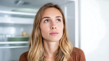 p3685236 97 Young woman searching for dinner in an open refrigerator with only an empty plate visible inside 59088592 1