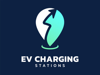 Electric vehicle charging with overlapping line arrow route in Charging map points, pinpoints logo vector design concept. EV charging logotype symbol for Electric Car, EV station, ui, clean energy,.