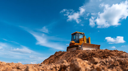 Obraz premium p3685236 145 Bulldozer or loader moves the earth at the construction site against the blue sky. An earthmoving machine is leveling the site. Construction heavy equipment for earthworks. 36318951 1