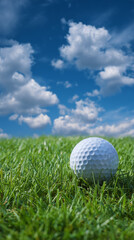 A pristine white golf ball rests on a lush green grass field under a vibrant blue sky with fluffy white clouds providing a tranquil and idyllic summer golf scene.