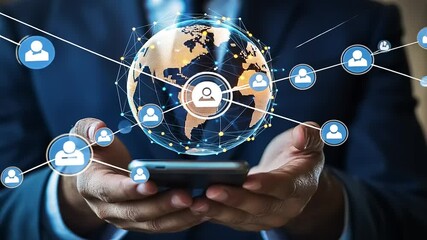 Businessman holding smartphone with global connectivity icons and networking visuals in background - Powered by Adobe