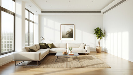 Fototapeta premium A minimalist living room bathed in natural light, featuring sleek, modern furniture with clean lines.