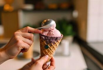 Naklejka premium Ice Cream Cone Held in Hand, with a Spoon Scooping a Bite of Pink Frozen Dessert. Sweet Treat Indulgence. and Waffle