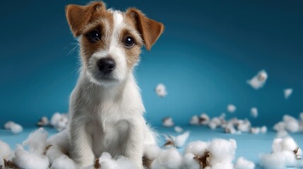 Dog sitting among cotton