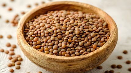Fototapeta premium Brown lentils in a wooden bowl.