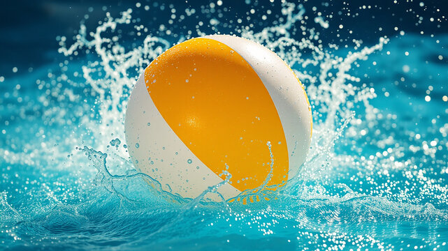 A yellow and white beach ball mid-bounce on the pool surface with water splashing around it.