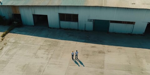 Two figures walk towards Warehouse with Vast Empty Space, Minimalist Theme