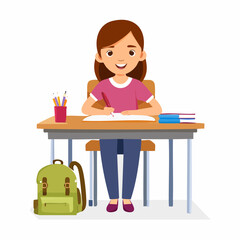 Vector animation of a student writing with a mechanical pencil at a modern school desk, with a backpack beside the chair