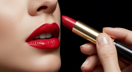 High detail image of a hand applying red lipstick to lips in a precise motion, glossy texture and lip shape accentuated, glamour and elegance, 