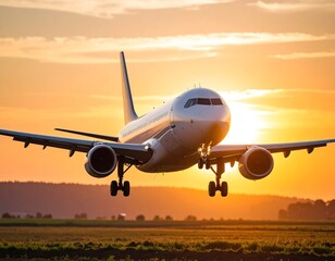 Obraz premium Airplane landing at sunset