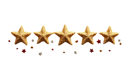 A row of five glittery stars with a white background