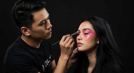 A makeup artist blending eyeshadow on a model’s eyelids, vibrant color palette and fine brush detail in focus, artistic and professional environment, 