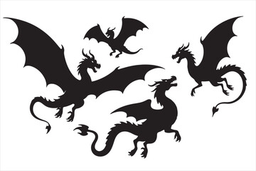 Flying Dragon Silhouettes – Fantasy Vector Creatures Clipart Set

